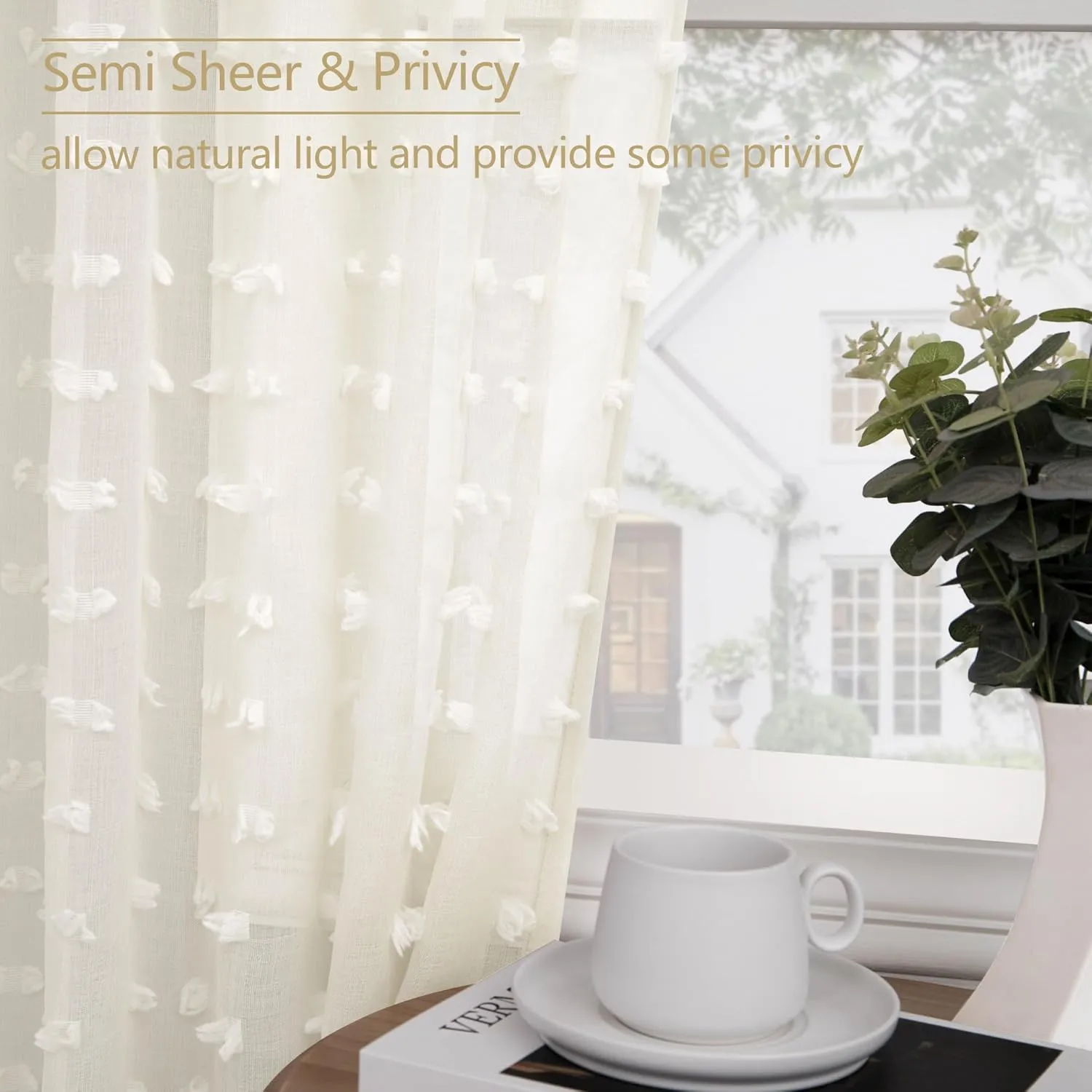 Cream Sheer Curtains for Living Room 84 Inch Length Ivory Pom Pom Boho Sheer Curtains 2 Panels Set Back Tab Country Farmhouse Shabby Chic Semi Sheer Window Drapes for Bedroom Nursery 84 Inches Long