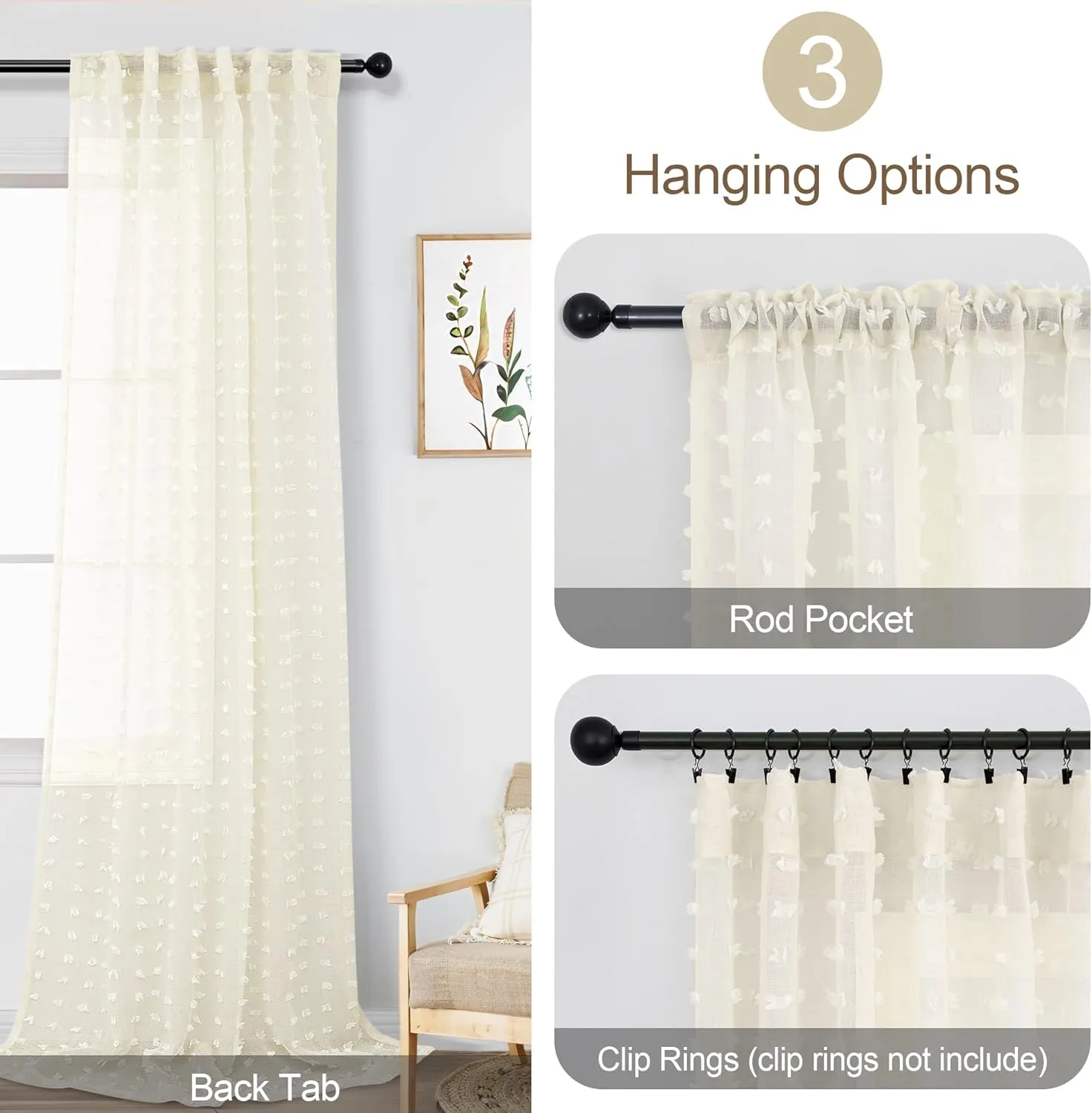 Cream Sheer Curtains for Living Room 84 Inch Length Ivory Pom Pom Boho Sheer Curtains 2 Panels Set Back Tab Country Farmhouse Shabby Chic Semi Sheer Window Drapes for Bedroom Nursery 84 Inches Long
