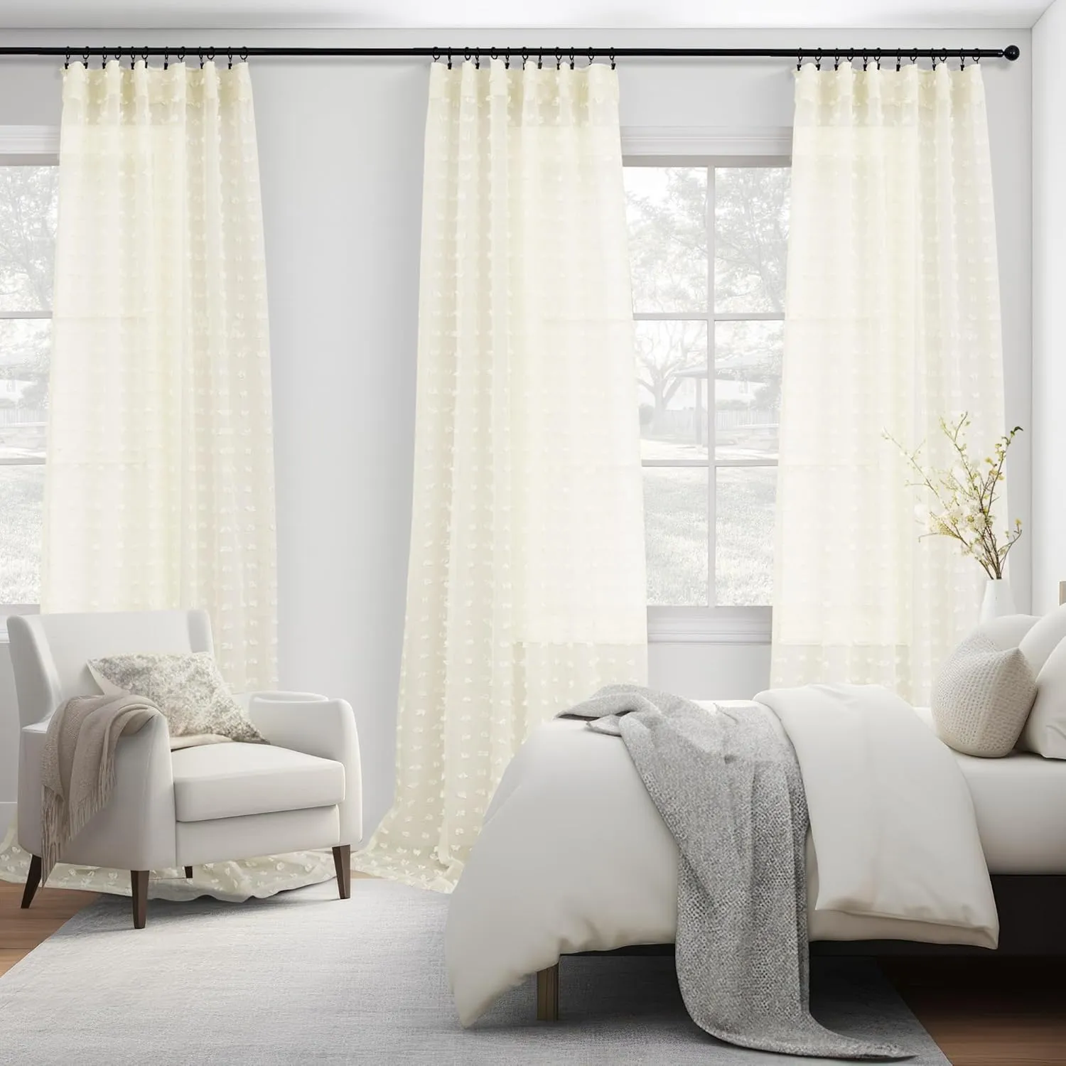 Cream Sheer Curtains for Living Room 84 Inch Length Ivory Pom Pom Boho Sheer Curtains 2 Panels Set Back Tab Country Farmhouse Shabby Chic Semi Sheer Window Drapes for Bedroom Nursery 84 Inches Long