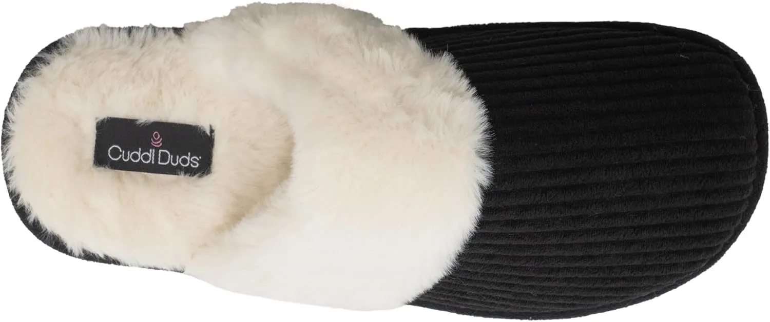 Cuddl Duds Women Indoor Corduroy Foam Insole Cozy Faux Fur Lining Clog Slip On Slipper House Shoes With Skid Resistant Bottom