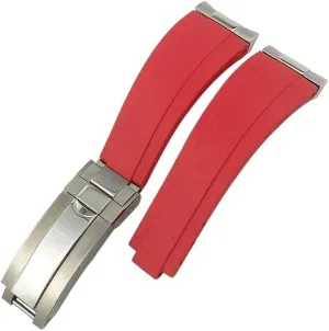 Curved End Metal Link Rubber Watchband 20mm for Rolex Daytona GMT Slide Lock Buckle Submariner Silicone Sport Watch Strap (Color : Red, Size : Silver)