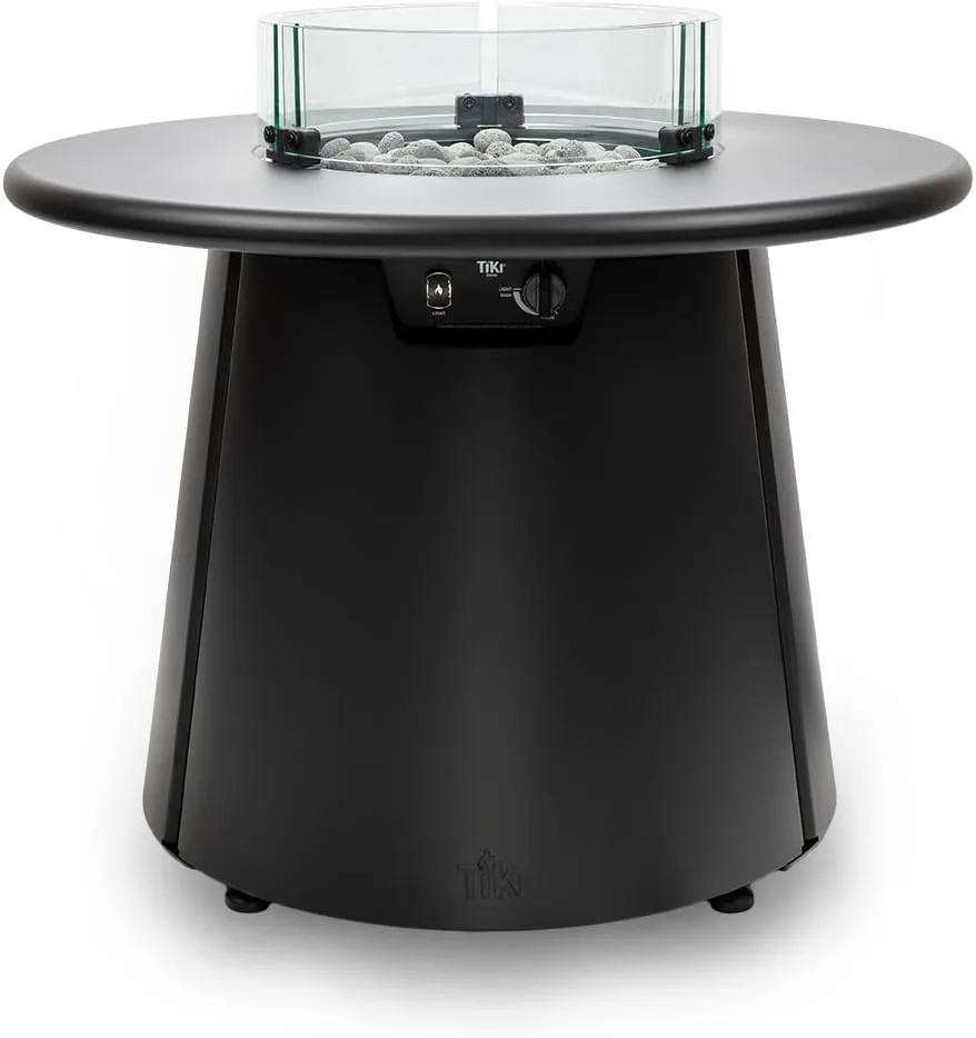 Customizable Propane Fire Pit with Glass Surround and Tabletop, 40,000 BTU 28.5" Outdoor Gas Fire Pit Table, Includes Round Tabletop Attachment, Tabletop Insert and Lava Rocks, Black