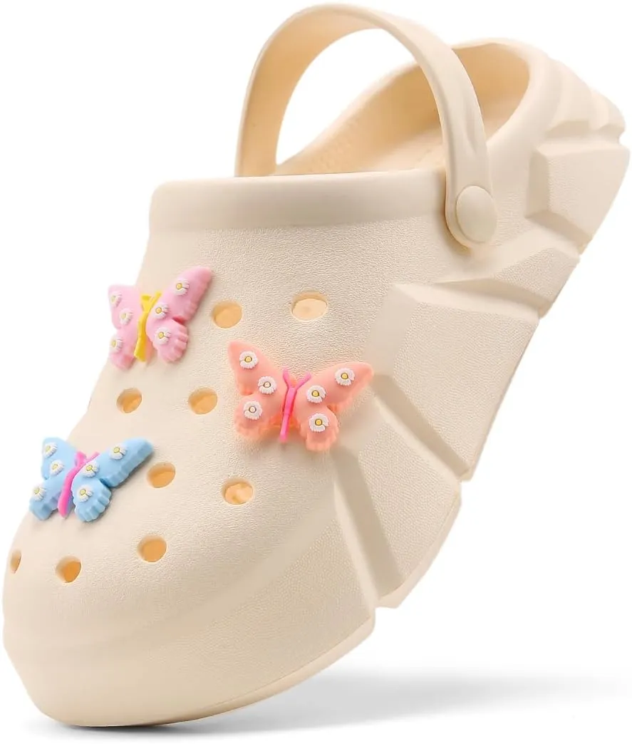 Cute Butterfly-Themed Lightweight Girls' Clogs, Platform Soft Sole Closed Toe EVA Home Garden Clog Shoes, Two-Way Wear Breathable Beach Clogs, Trendy Non-Slip Slip-On Sandals
