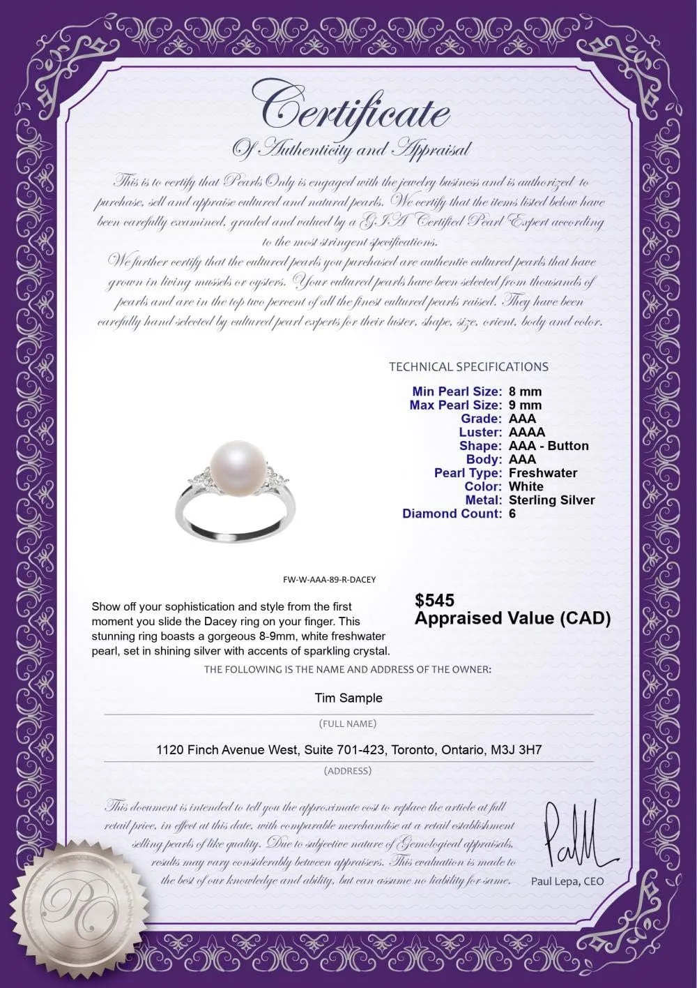 Dacey White 8-9mm AAA Quality Freshwater 925 Sterling Silver Cultured Pearl Ring For Women
