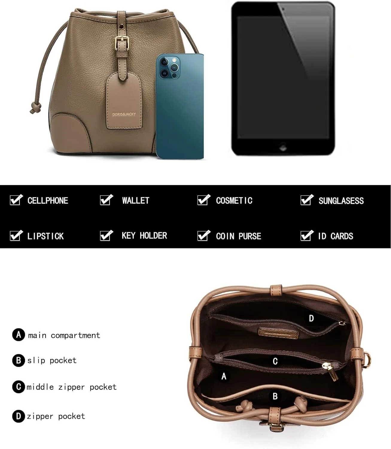 DORIS&JACKY Small Leather Bucket Hobo Purse for Women Designer Drawstring Crossbody Bag and Handbags