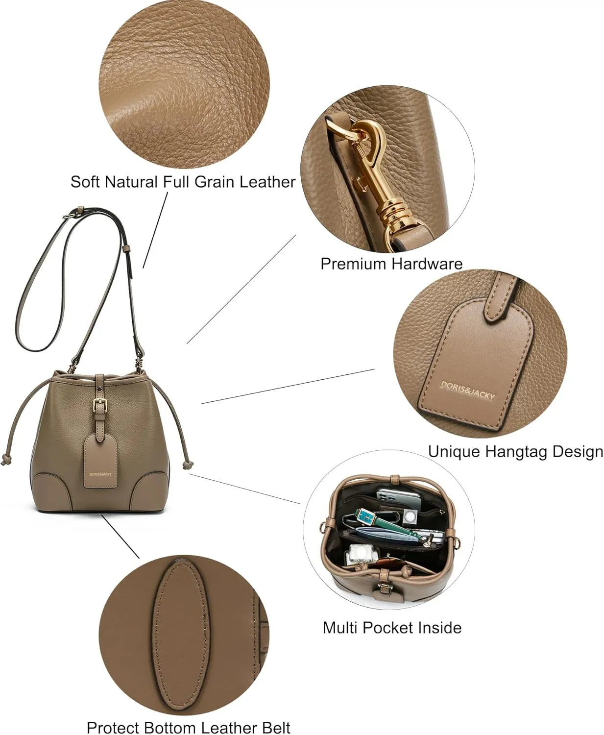 DORIS&JACKY Small Leather Bucket Hobo Purse for Women Designer Drawstring Crossbody Bag and Handbags