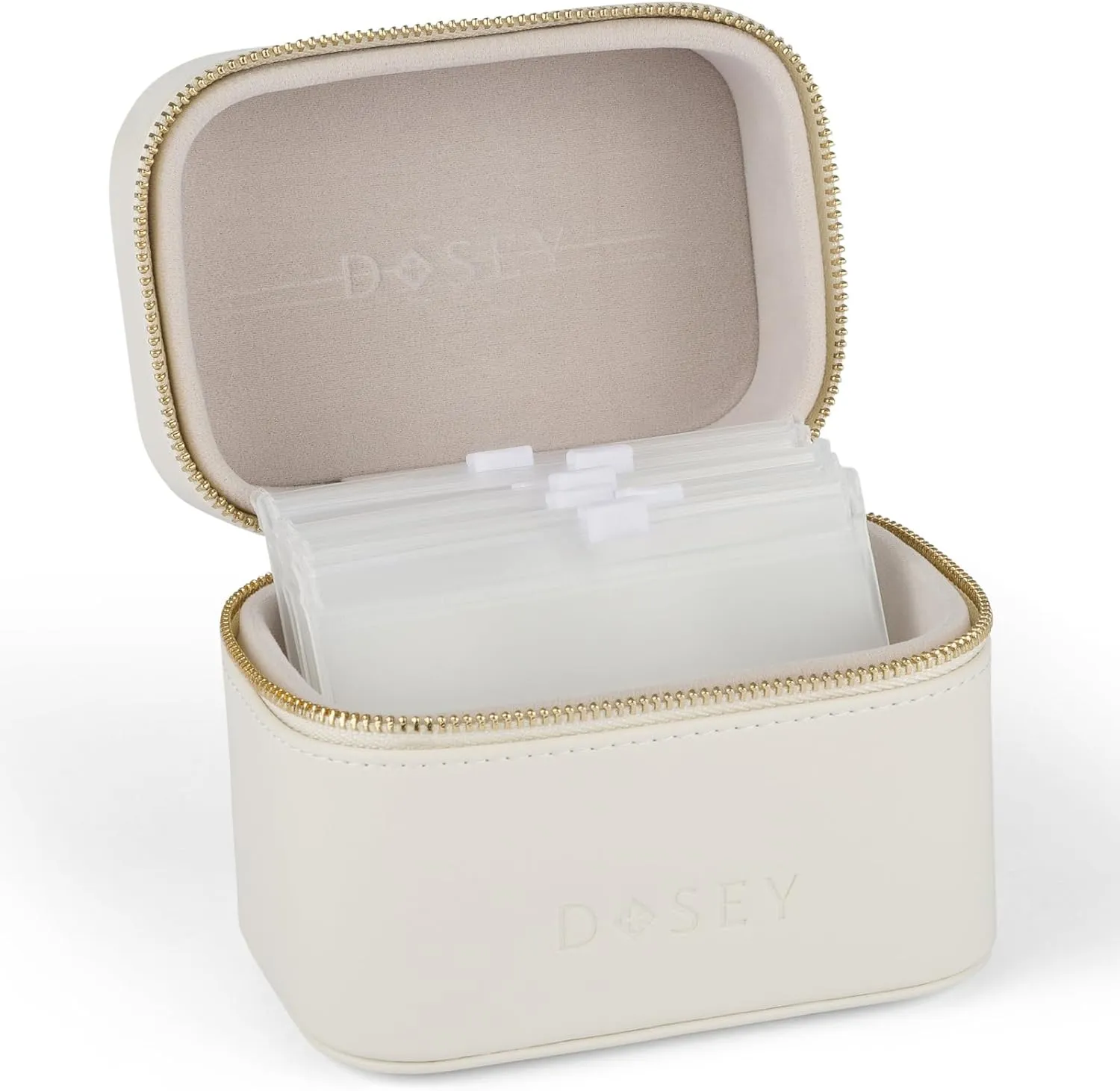 Dosey Travel Pill Case & Easy-Slide Pouches - Vegan Leather Daily Organizer With 7 Airtight Pockets for Medicine Storage & Protection - Stylish Sorter & Medication Organizer - Cream