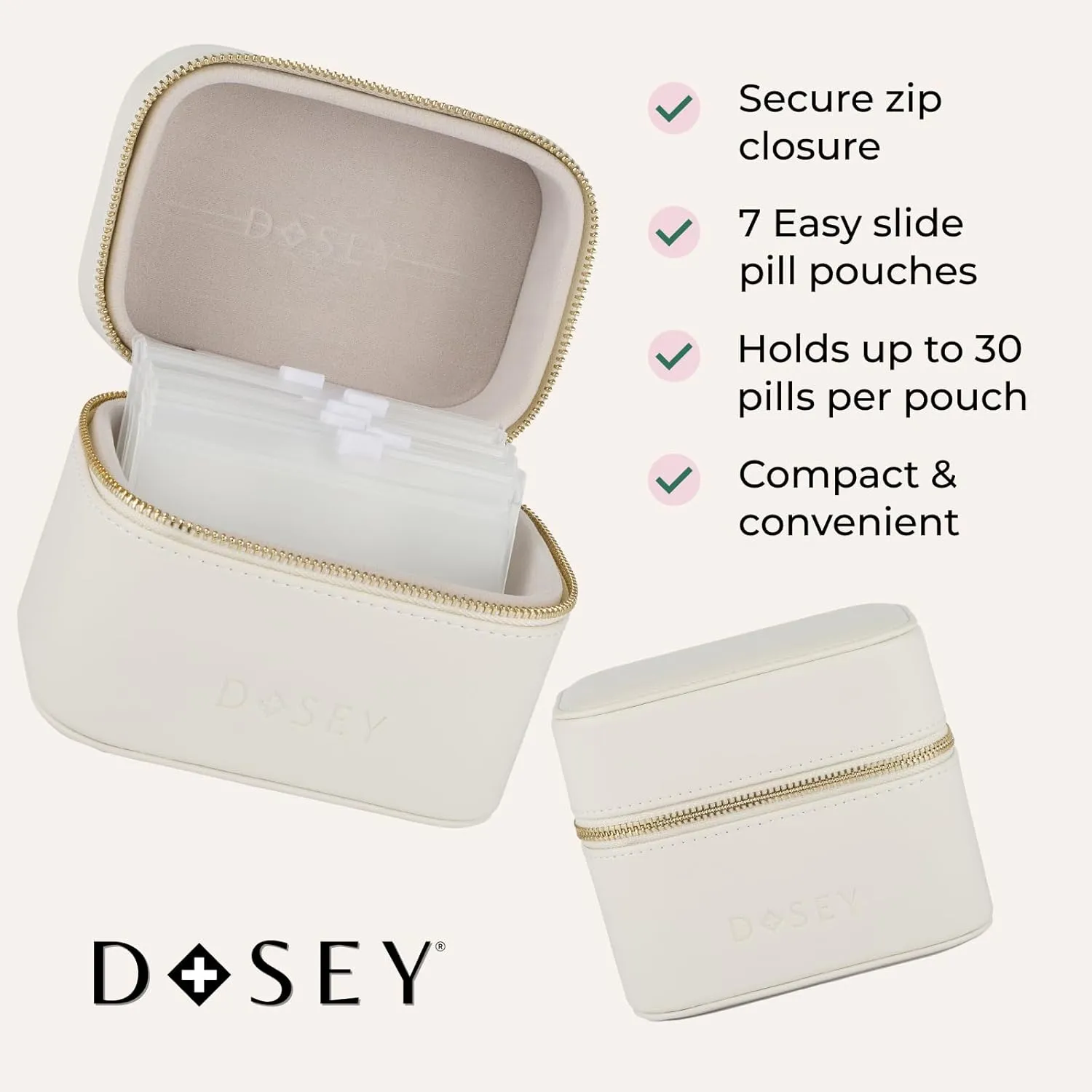 Dosey Travel Pill Case & Easy-Slide Pouches - Vegan Leather Daily Organizer With 7 Airtight Pockets for Medicine Storage & Protection - Stylish Sorter & Medication Organizer - Cream