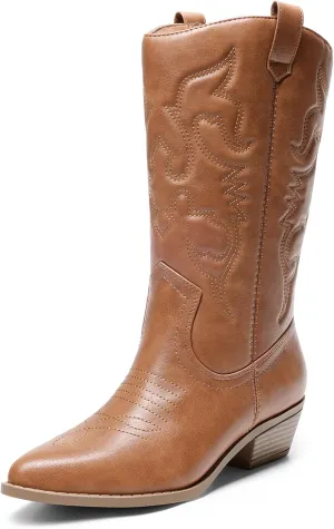 DREAM PAIRS Women's Cowboy Boots Pull On Cowgirl Boots Mid Calf Western Boots