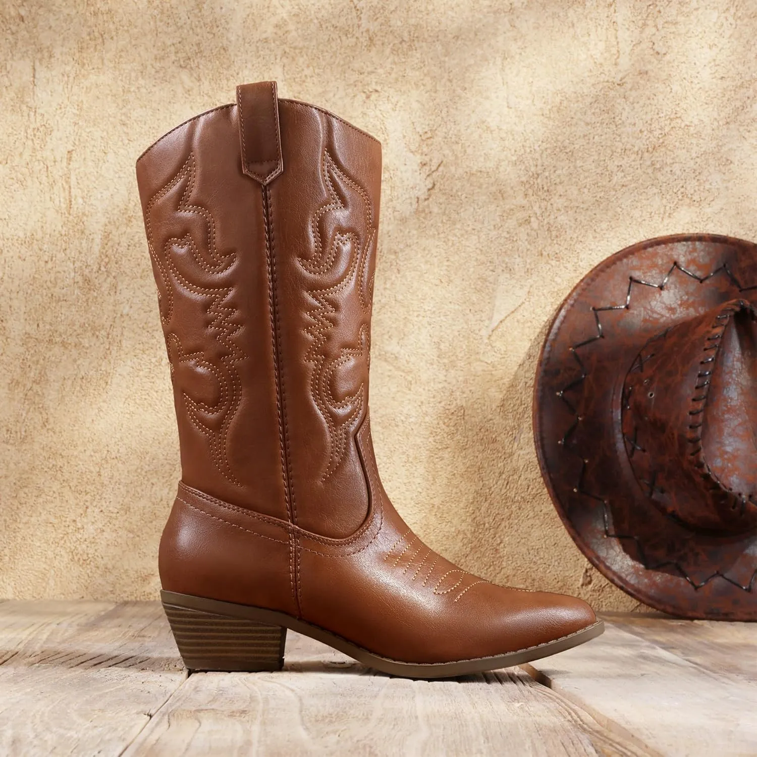 DREAM PAIRS Women's Cowboy Boots Pull On Cowgirl Boots Mid Calf Western Boots