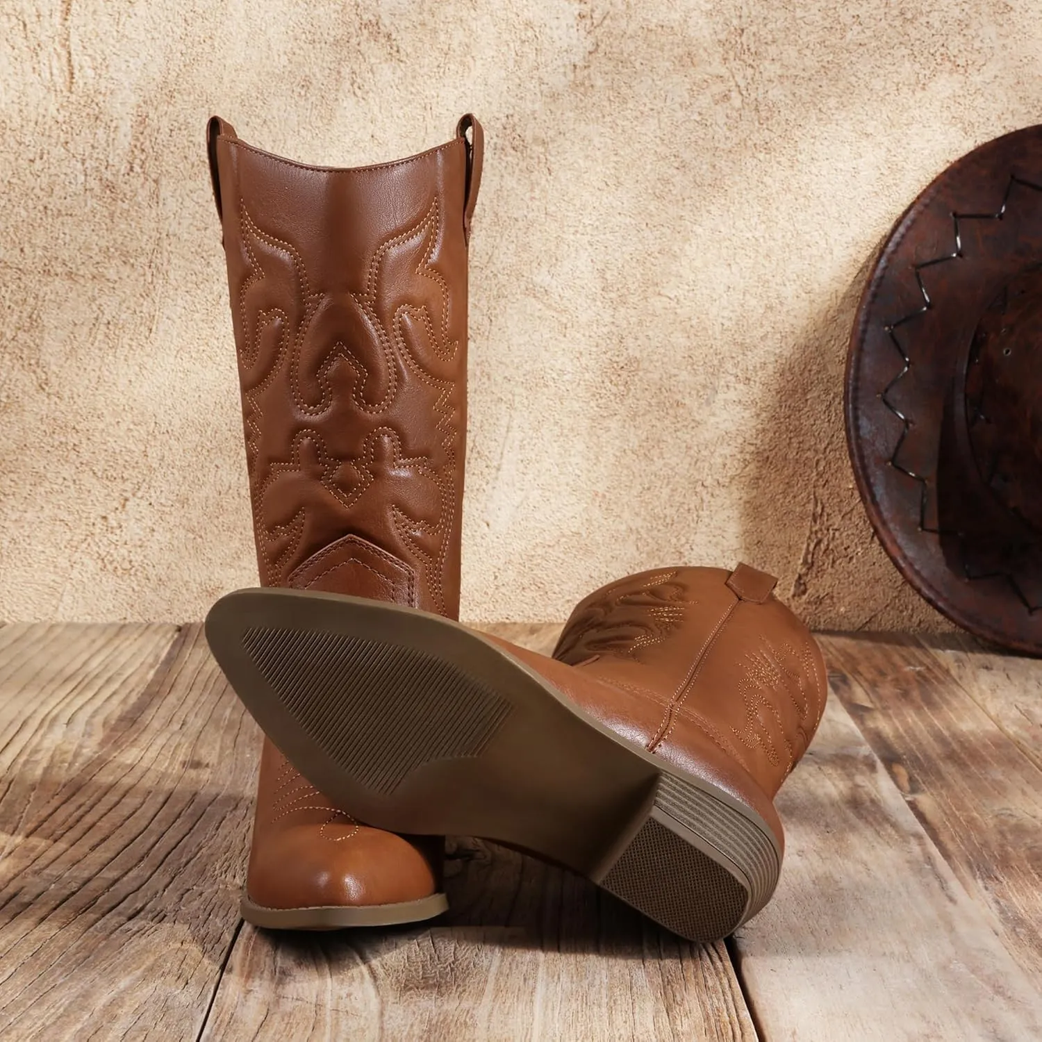 DREAM PAIRS Women's Cowboy Boots Pull On Cowgirl Boots Mid Calf Western Boots