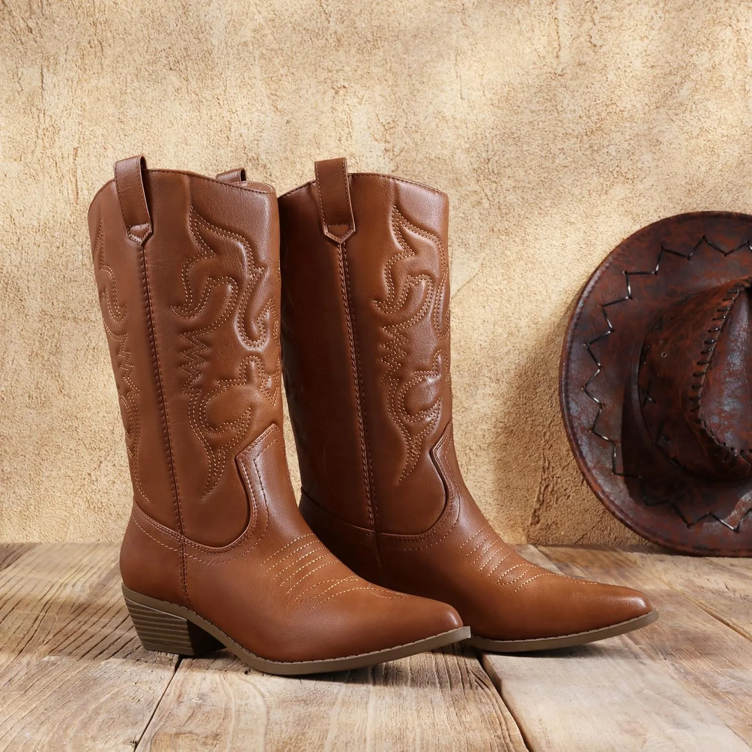 DREAM PAIRS Women's Cowboy Boots Pull On Cowgirl Boots Mid Calf Western Boots