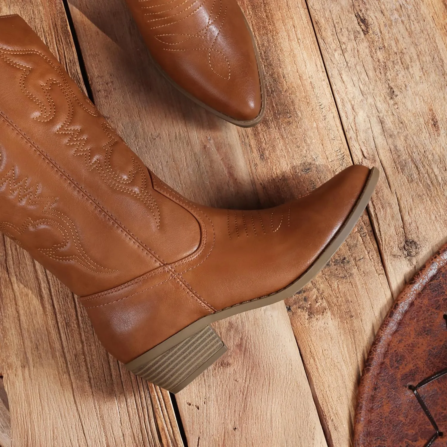 DREAM PAIRS Women's Cowboy Boots Pull On Cowgirl Boots Mid Calf Western Boots