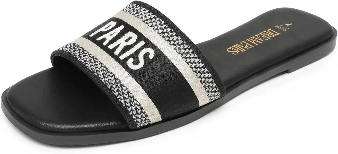 DREAM PAIRS Women's Flat Sandals Slip On Slides Sandals Square Open Toe Jacquard Braided Fashion Slides Casual Beach Slippers for Summer