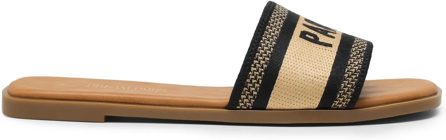 DREAM PAIRS Women's Flat Sandals Slip On Slides Sandals Square Open Toe Jacquard Braided Fashion Slides Casual Beach Slippers for Summer
