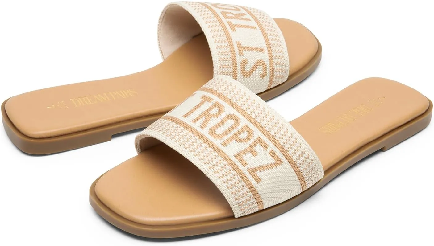 DREAM PAIRS Women's Flat Sandals Slip On Slides Sandals Square Open Toe Jacquard Braided Fashion Slides Casual Beach Slippers for Summer