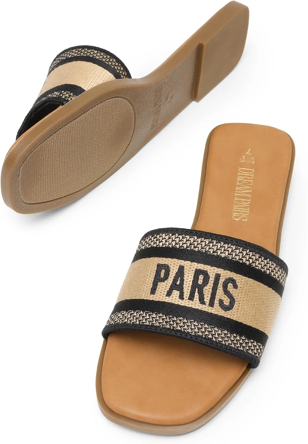 DREAM PAIRS Women's Flat Sandals Slip On Slides Sandals Square Open Toe Jacquard Braided Fashion Slides Casual Beach Slippers for Summer