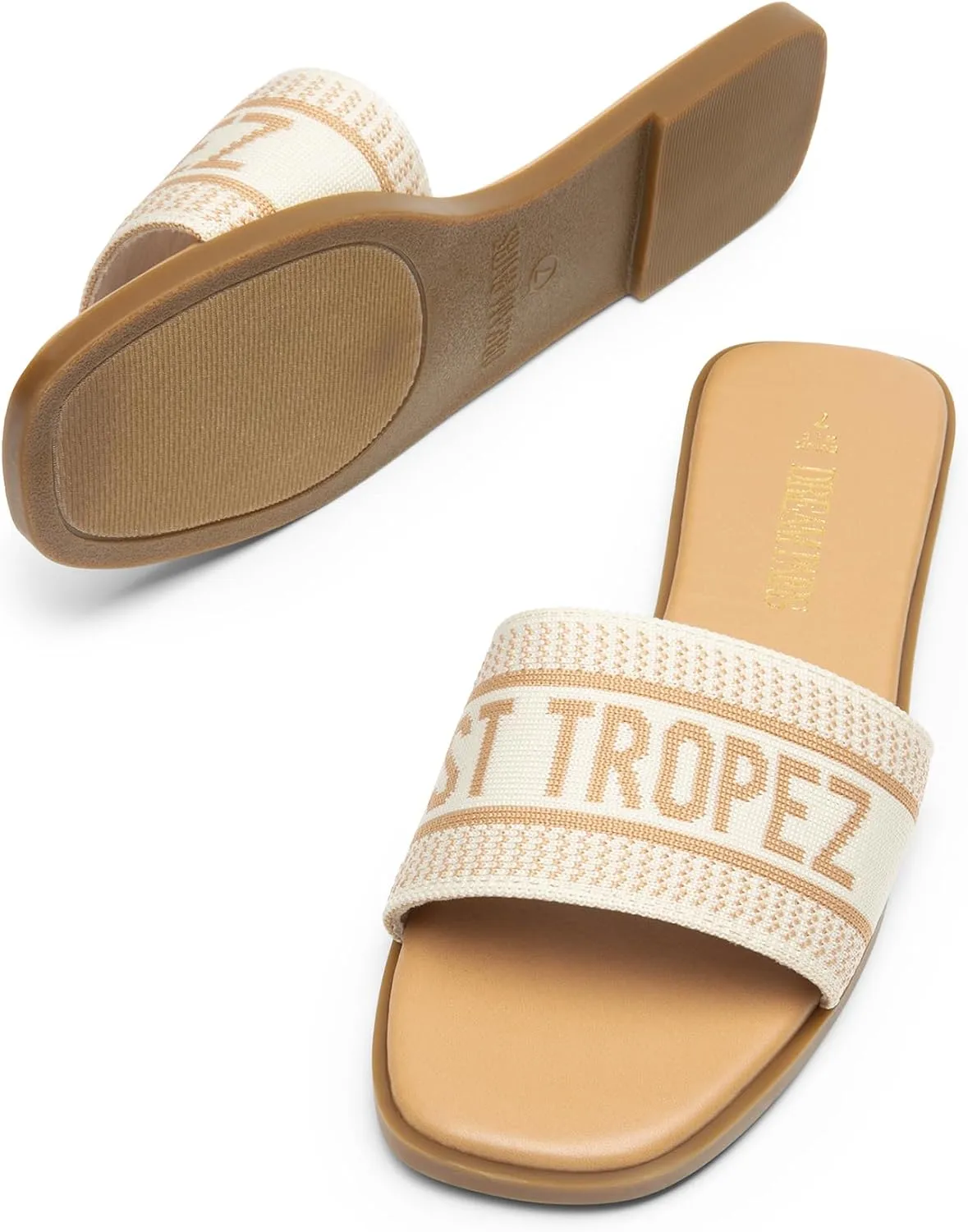 DREAM PAIRS Women's Flat Sandals Slip On Slides Sandals Square Open Toe Jacquard Braided Fashion Slides Casual Beach Slippers for Summer