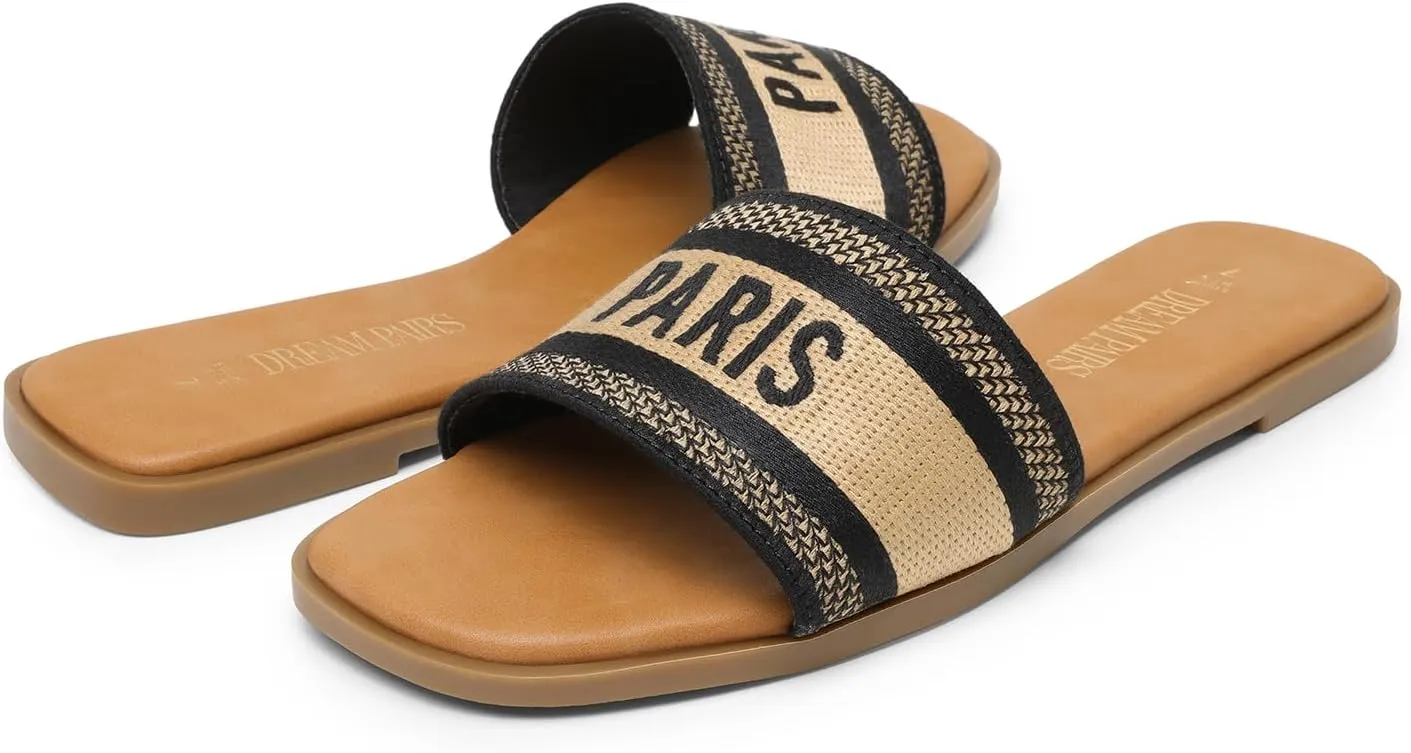 DREAM PAIRS Women's Flat Sandals Slip On Slides Sandals Square Open Toe Jacquard Braided Fashion Slides Casual Beach Slippers for Summer