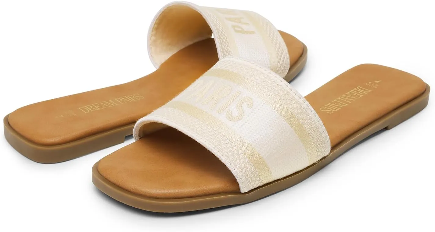 DREAM PAIRS Women's Flat Sandals Slip On Slides Sandals Square Open Toe Jacquard Braided Fashion Slides Casual Beach Slippers for Summer