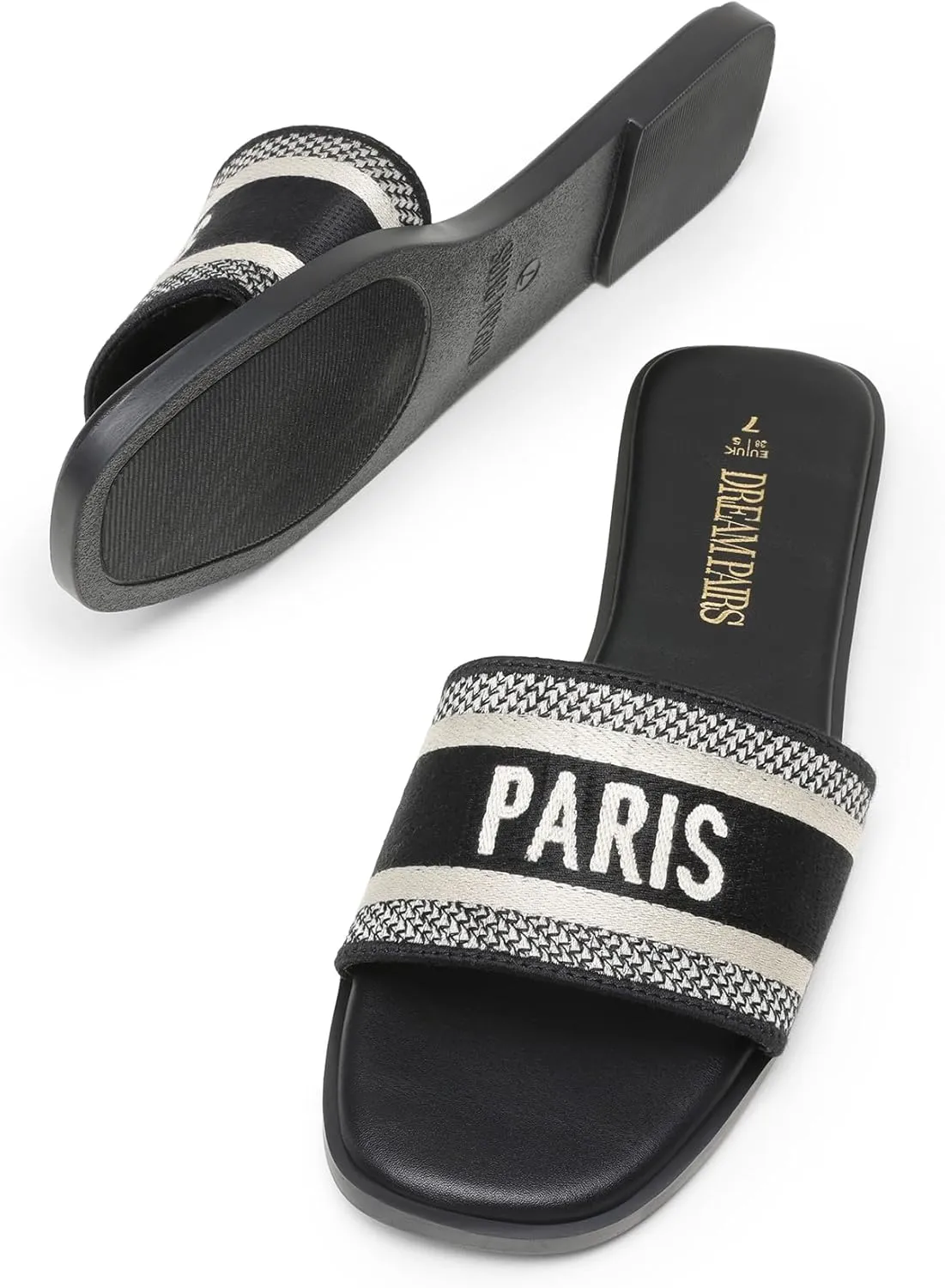 DREAM PAIRS Women's Flat Sandals Slip On Slides Sandals Square Open Toe Jacquard Braided Fashion Slides Casual Beach Slippers for Summer