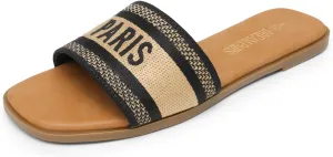 DREAM PAIRS Women's Flat Sandals Slip On Slides Sandals Square Open Toe Jacquard Braided Fashion Slides Casual Beach Slippers for Summer