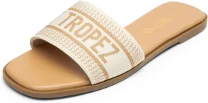 DREAM PAIRS Women's Flat Sandals Slip On Slides Sandals Square Open Toe Jacquard Braided Fashion Slides Casual Beach Slippers for Summer