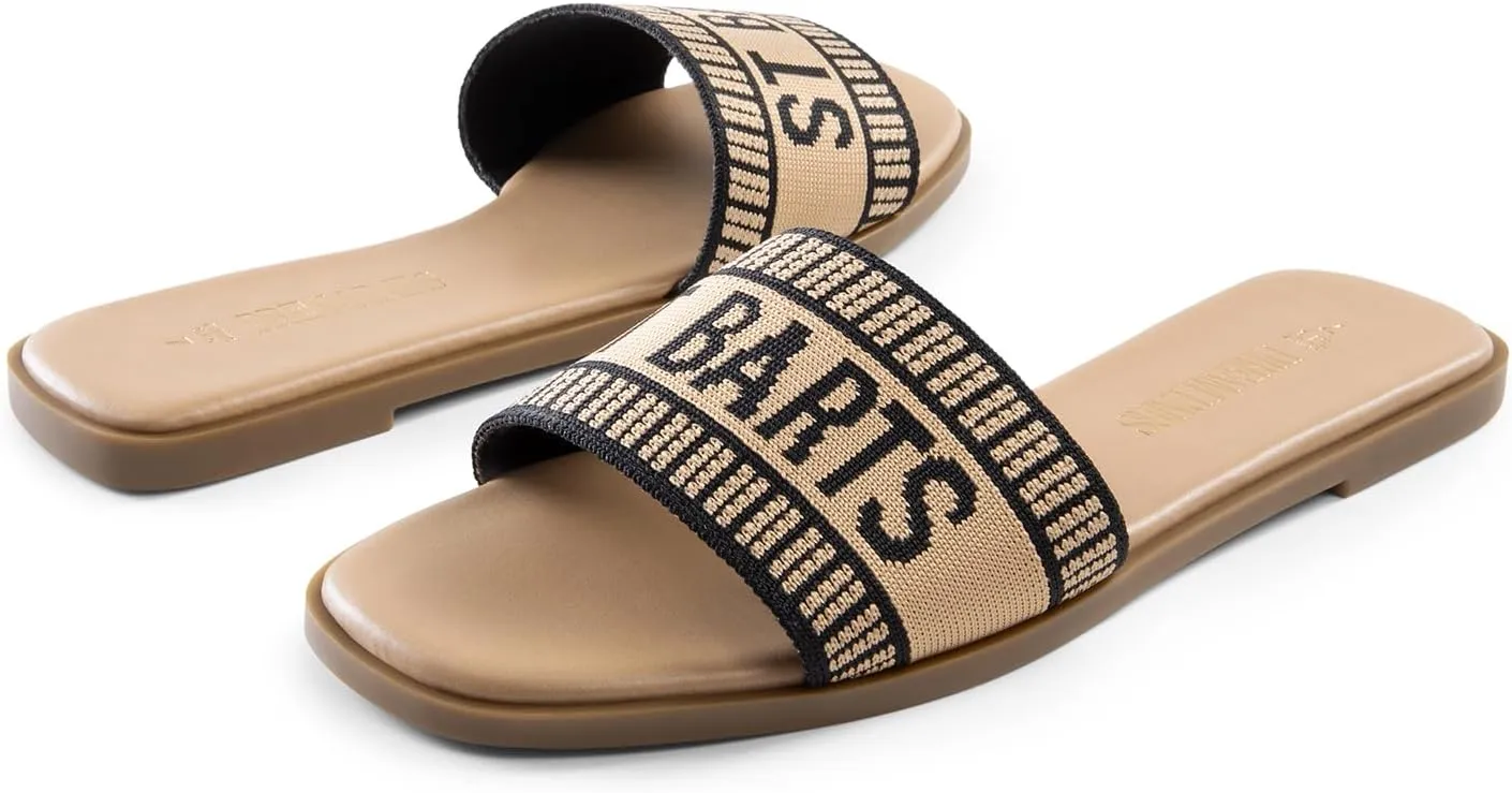 DREAM PAIRS Women's Flat Sandals Slip On Slides Sandals Square Open Toe Jacquard Braided Fashion Slides Casual Beach Slippers for Summer