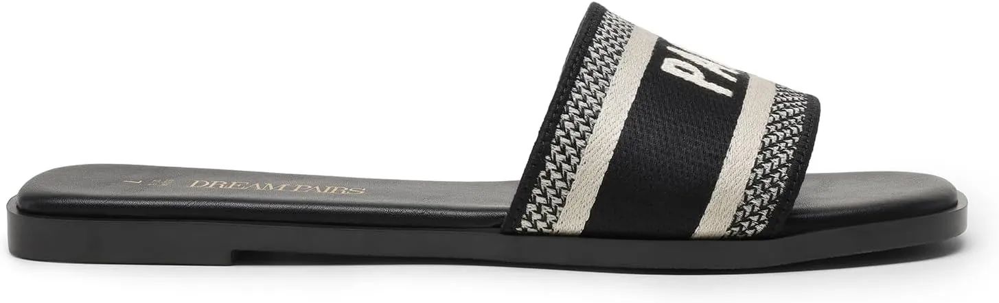 DREAM PAIRS Women's Flat Sandals Slip On Slides Sandals Square Open Toe Jacquard Braided Fashion Slides Casual Beach Slippers for Summer