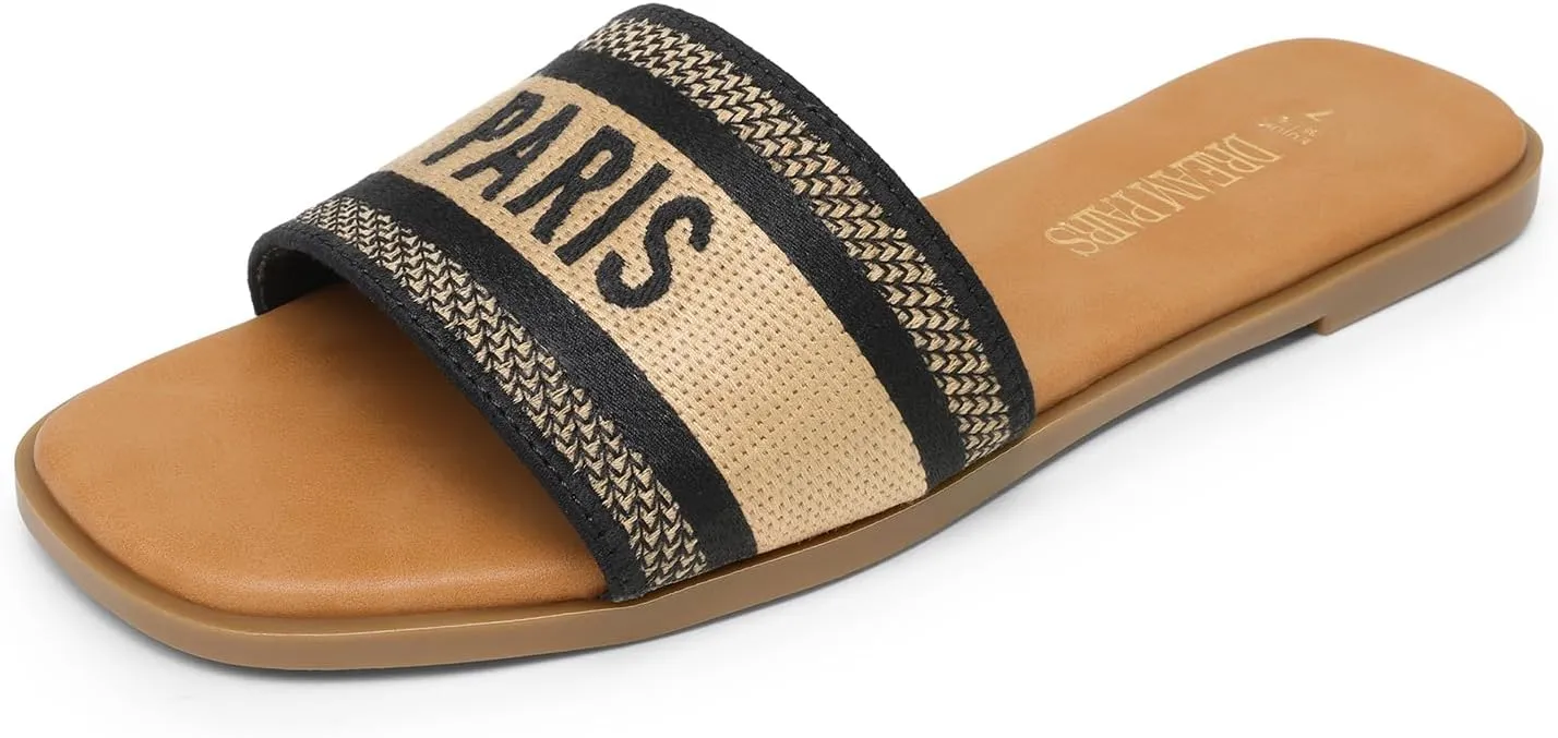 DREAM PAIRS Women's Flat Sandals Slip On Slides Sandals Square Open Toe Jacquard Braided Fashion Slides Casual Beach Slippers for Summer