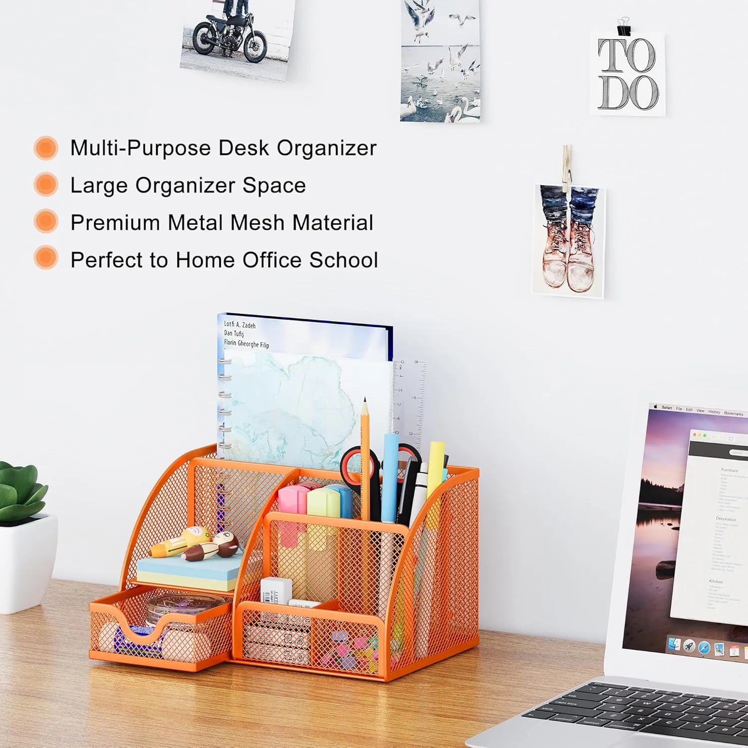 EasyPAG Mesh Desk Organizer for Women with Drawer - Multi-Functional Office & Makeup Storage, Anti-Scratch Pads, 5 Compartments, Durable Metal Mesh for Home, School, Classroom, Orange