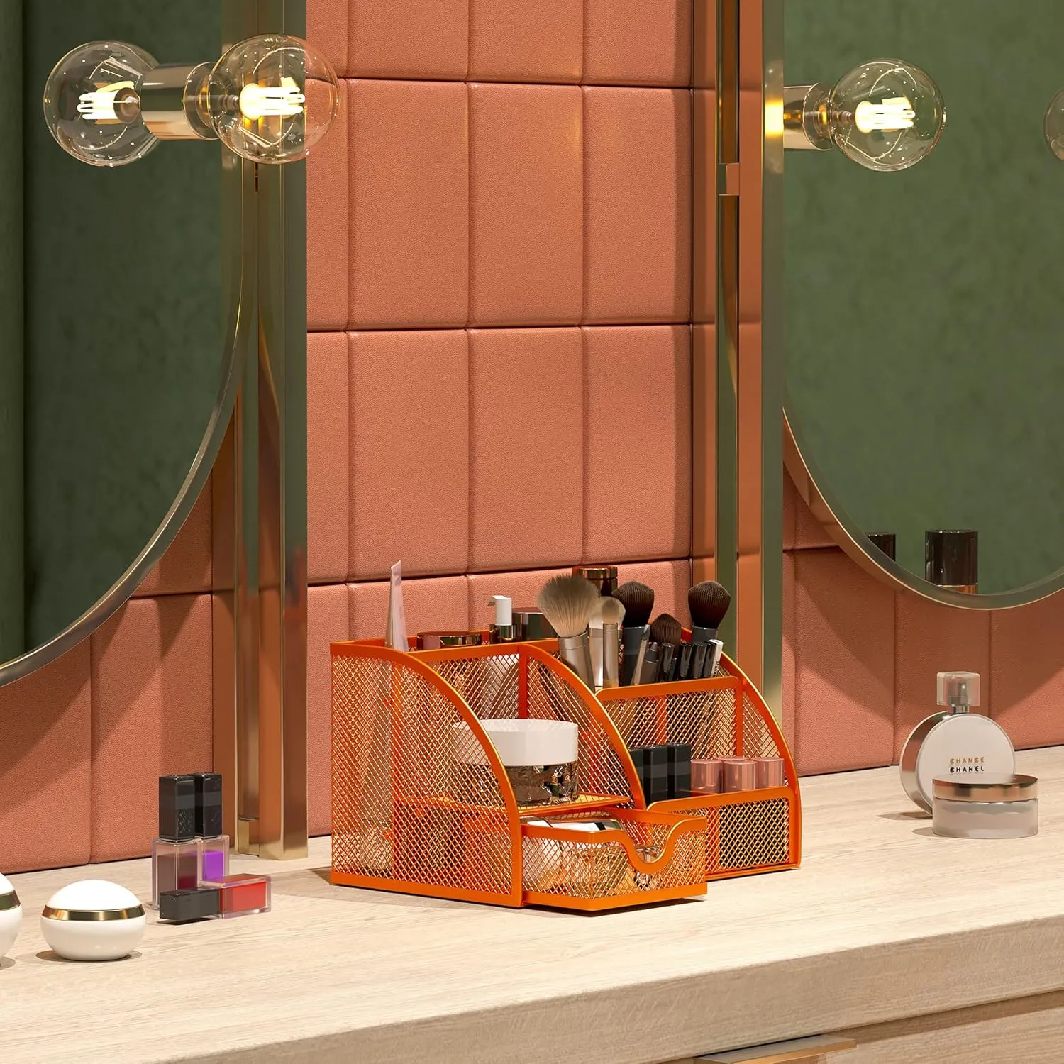 EasyPAG Mesh Desk Organizer for Women with Drawer - Multi-Functional Office & Makeup Storage, Anti-Scratch Pads, 5 Compartments, Durable Metal Mesh for Home, School, Classroom, Orange