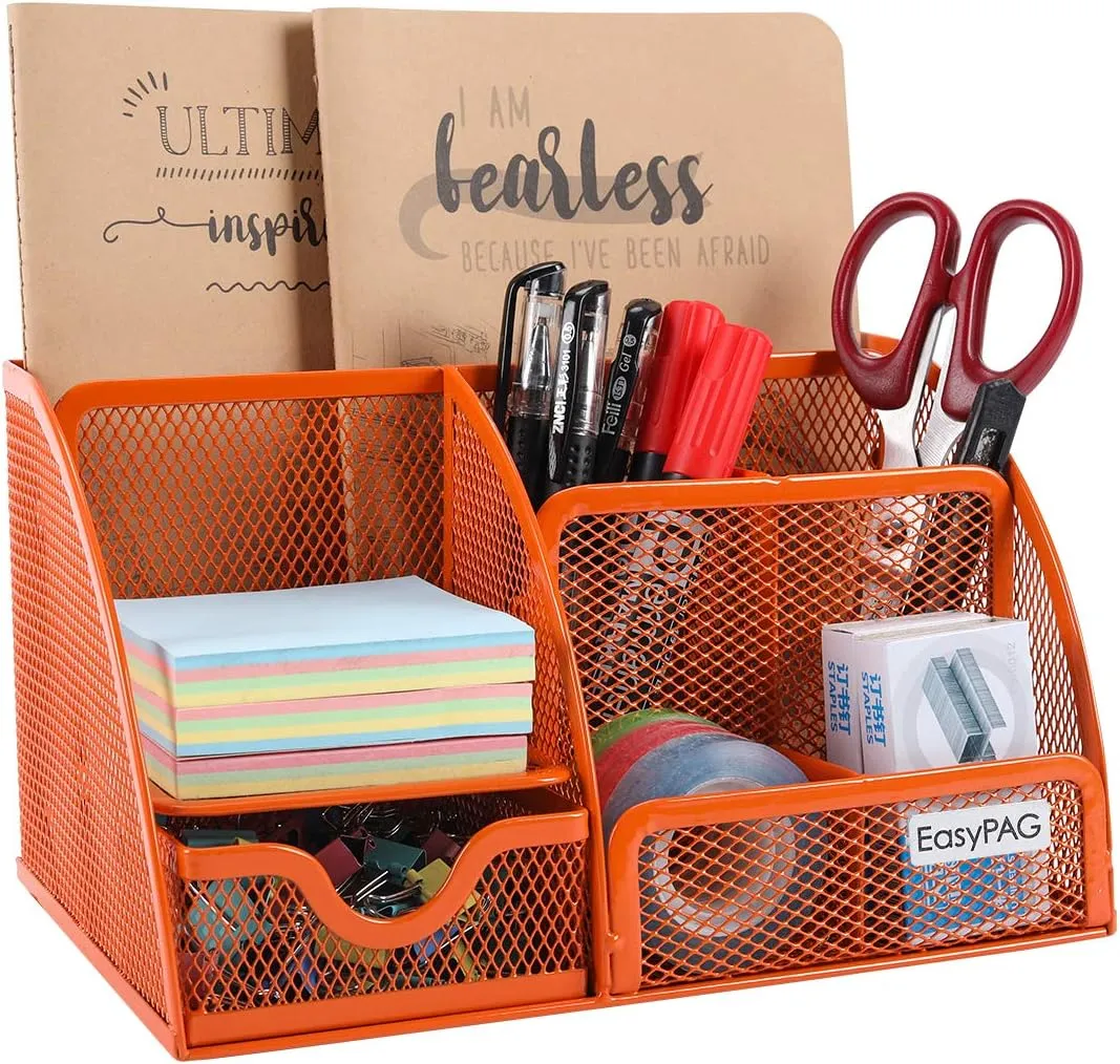EasyPAG Mesh Desk Organizer for Women with Drawer - Multi-Functional Office & Makeup Storage, Anti-Scratch Pads, 5 Compartments, Durable Metal Mesh for Home, School, Classroom, Orange
