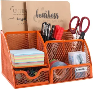 EasyPAG Mesh Desk Organizer for Women with Drawer - Multi-Functional Office & Makeup Storage, Anti-Scratch Pads, 5 Compartments, Durable Metal Mesh for Home, School, Classroom, Orange