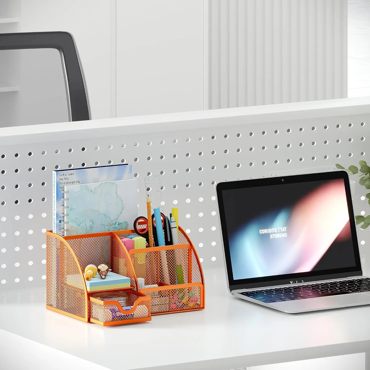 EasyPAG Mesh Desk Organizer for Women with Drawer - Multi-Functional Office & Makeup Storage, Anti-Scratch Pads, 5 Compartments, Durable Metal Mesh for Home, School, Classroom, Orange