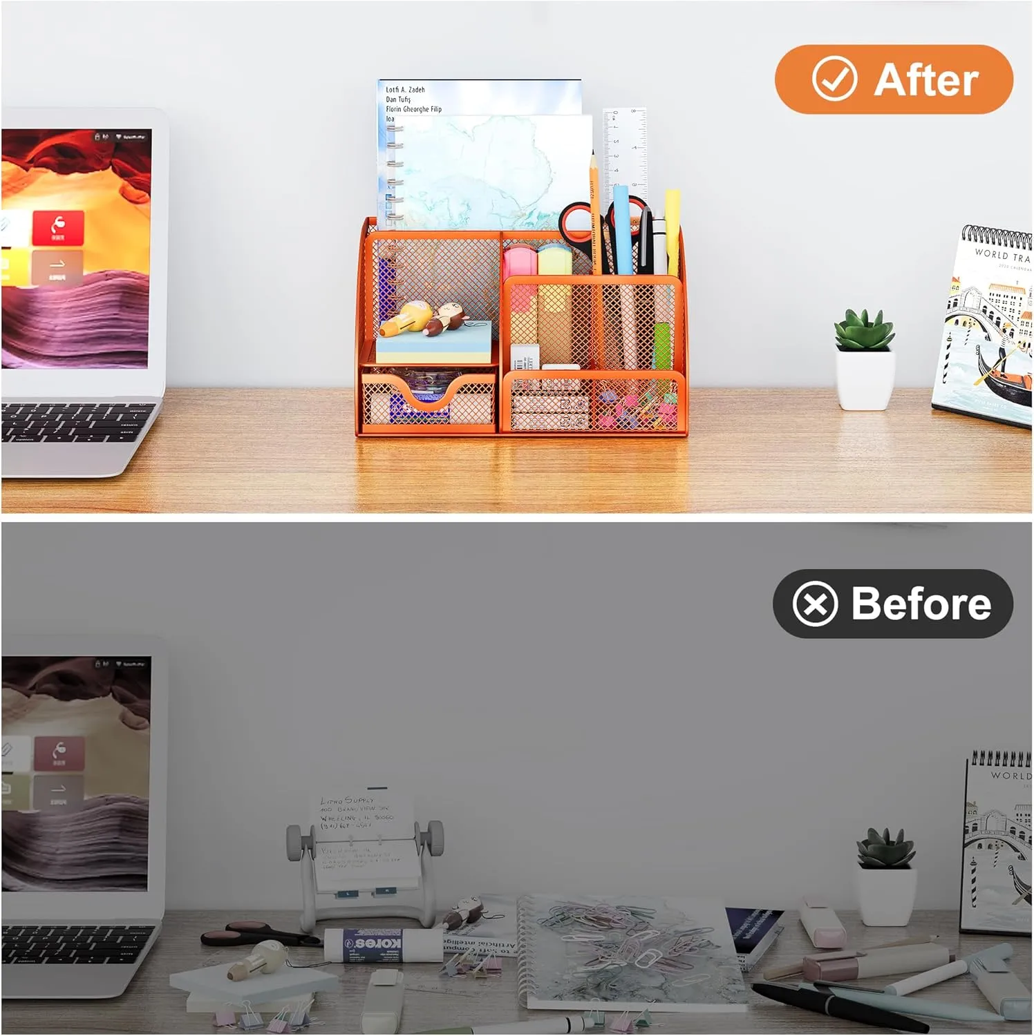 EasyPAG Mesh Desk Organizer for Women with Drawer - Multi-Functional Office & Makeup Storage, Anti-Scratch Pads, 5 Compartments, Durable Metal Mesh for Home, School, Classroom, Orange