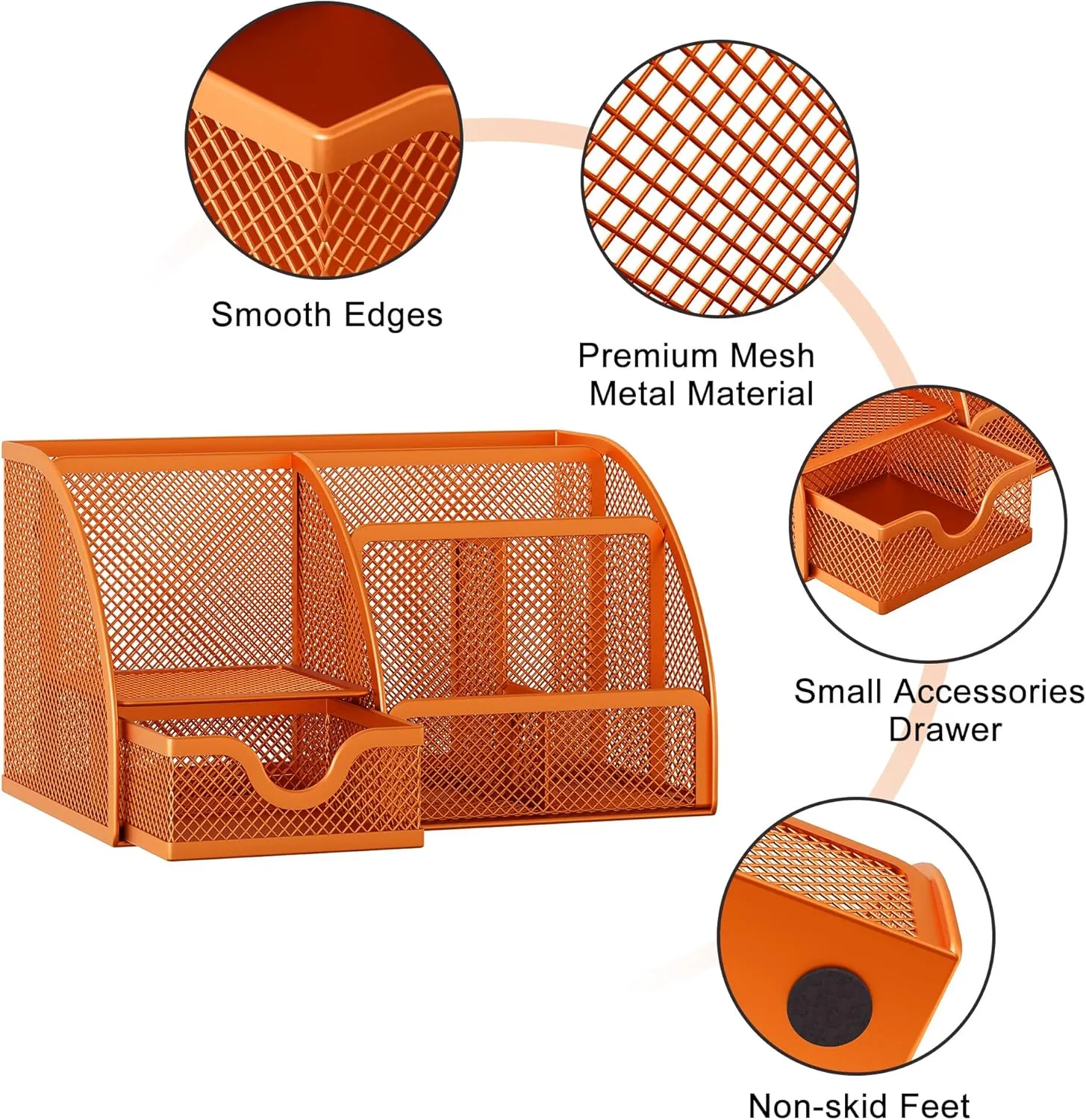 EasyPAG Mesh Desk Organizer for Women with Drawer - Multi-Functional Office & Makeup Storage, Anti-Scratch Pads, 5 Compartments, Durable Metal Mesh for Home, School, Classroom, Orange