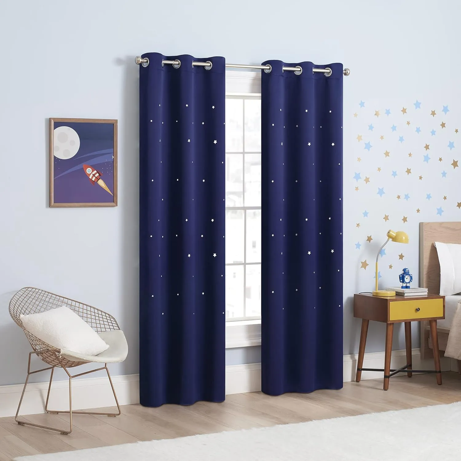 Eclipse Dreamer Star Laser Cut Room Darkening Grommet Window Curtains for Kids Bedroom or Nursery (2 Panels), 34 in x 95 in, Navy