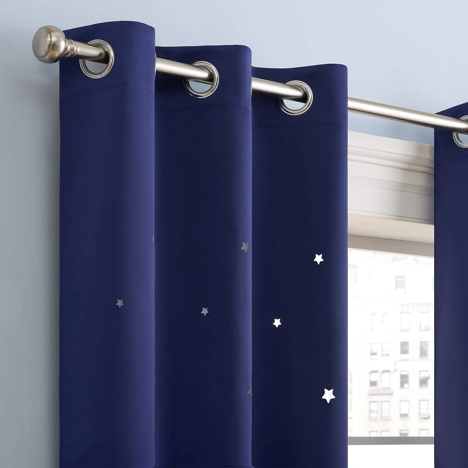 Eclipse Dreamer Star Laser Cut Room Darkening Grommet Window Curtains for Kids Bedroom or Nursery (2 Panels), 34 in x 95 in, Navy