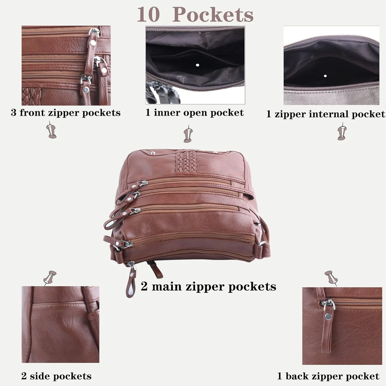 ELDA 10 Pockets Crossbody Purse for Women Medium Pocketbooks Ladies Soft PU Leather Shoulder Bag Ladies Top Handle Satchel