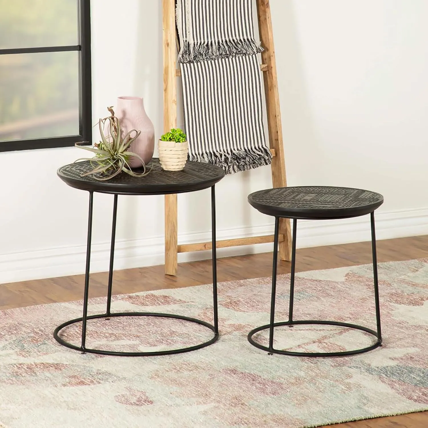 Elegant 2-Piece Nesting Tables for Spaces, Design with Embossed Mango Wood Tops, Matte Black Finish, Living Rooms