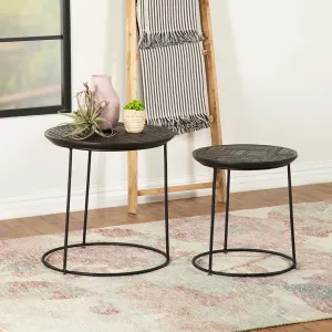 Elegant 2-Piece Nesting Tables for Spaces, Design with Embossed Mango Wood Tops, Matte Black Finish, Living Rooms