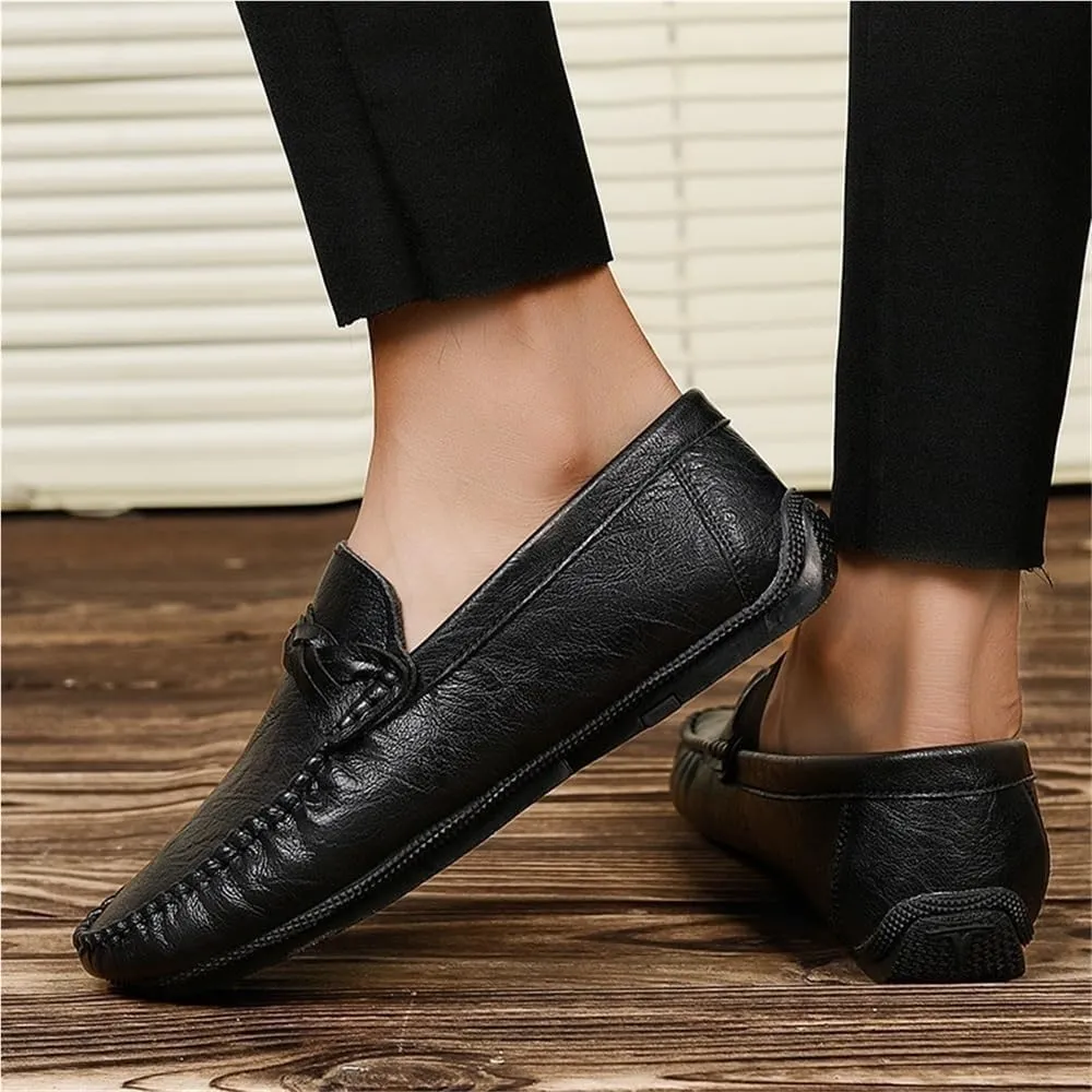Fashion Mens Loafers Pu Leather Moccasins Shoe Solid Color Slip Resistant Block Heel Anti-Slip Rubber Sole Party Slip On