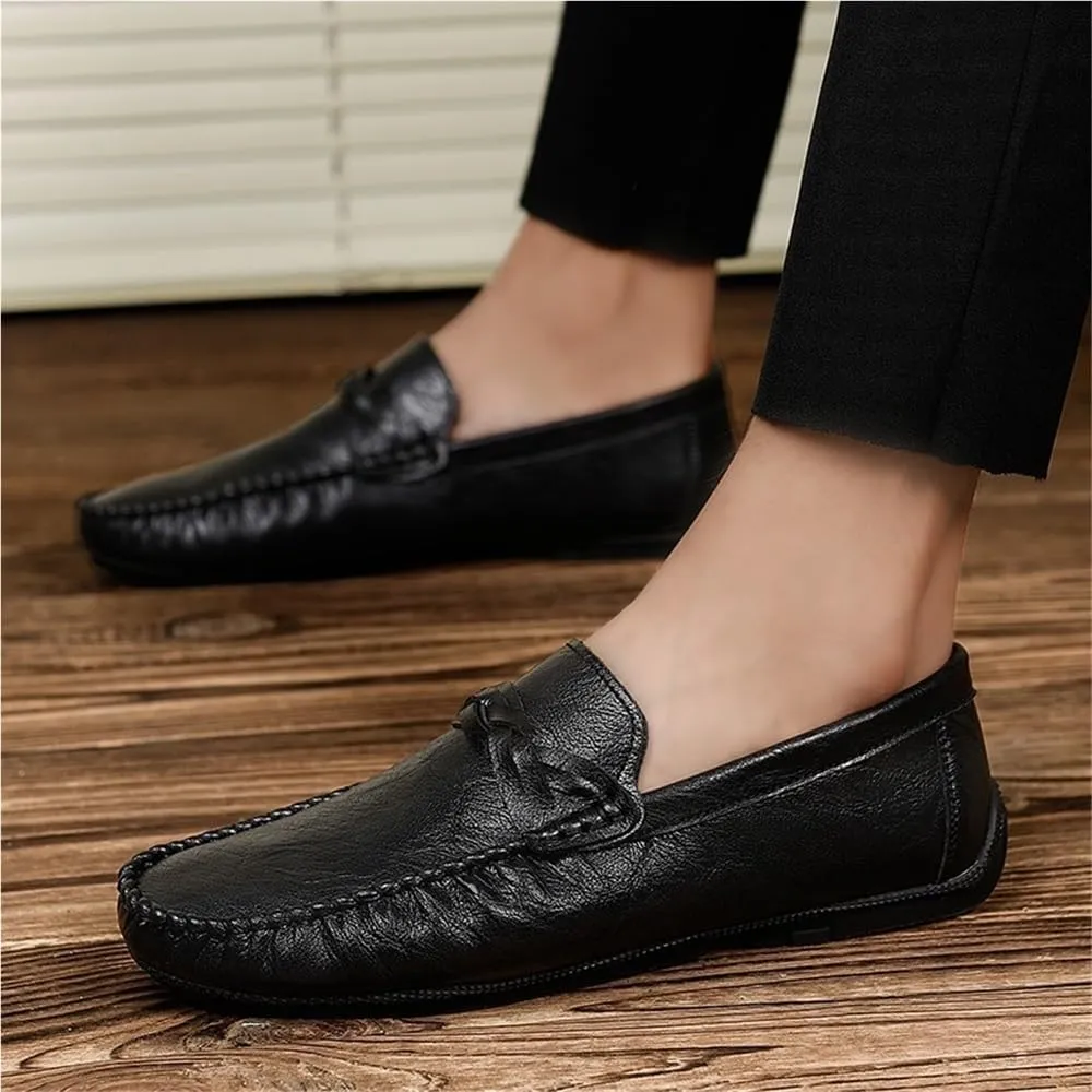 Fashion Mens Loafers Pu Leather Moccasins Shoe Solid Color Slip Resistant Block Heel Anti-Slip Rubber Sole Party Slip On