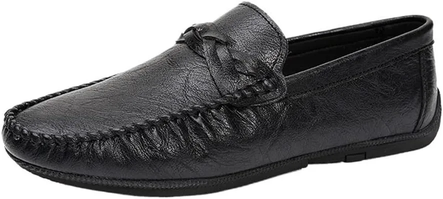 Fashion Mens Loafers Pu Leather Moccasins Shoe Solid Color Slip Resistant Block Heel Anti-Slip Rubber Sole Party Slip On