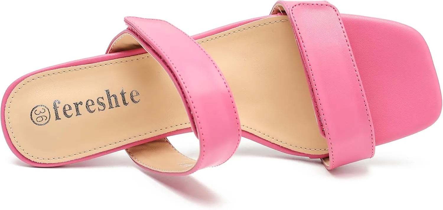 fereshte Womens 2 Strap Slip On Heeled Sandals Slip On Sandals Square Toe Kitten Heeled Mules