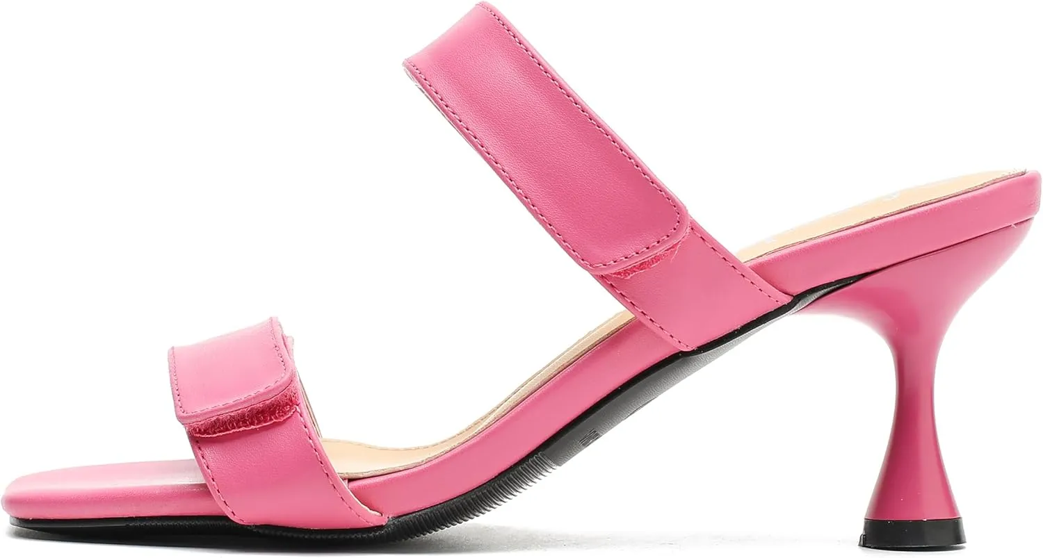 fereshte Womens 2 Strap Slip On Heeled Sandals Slip On Sandals Square Toe Kitten Heeled Mules