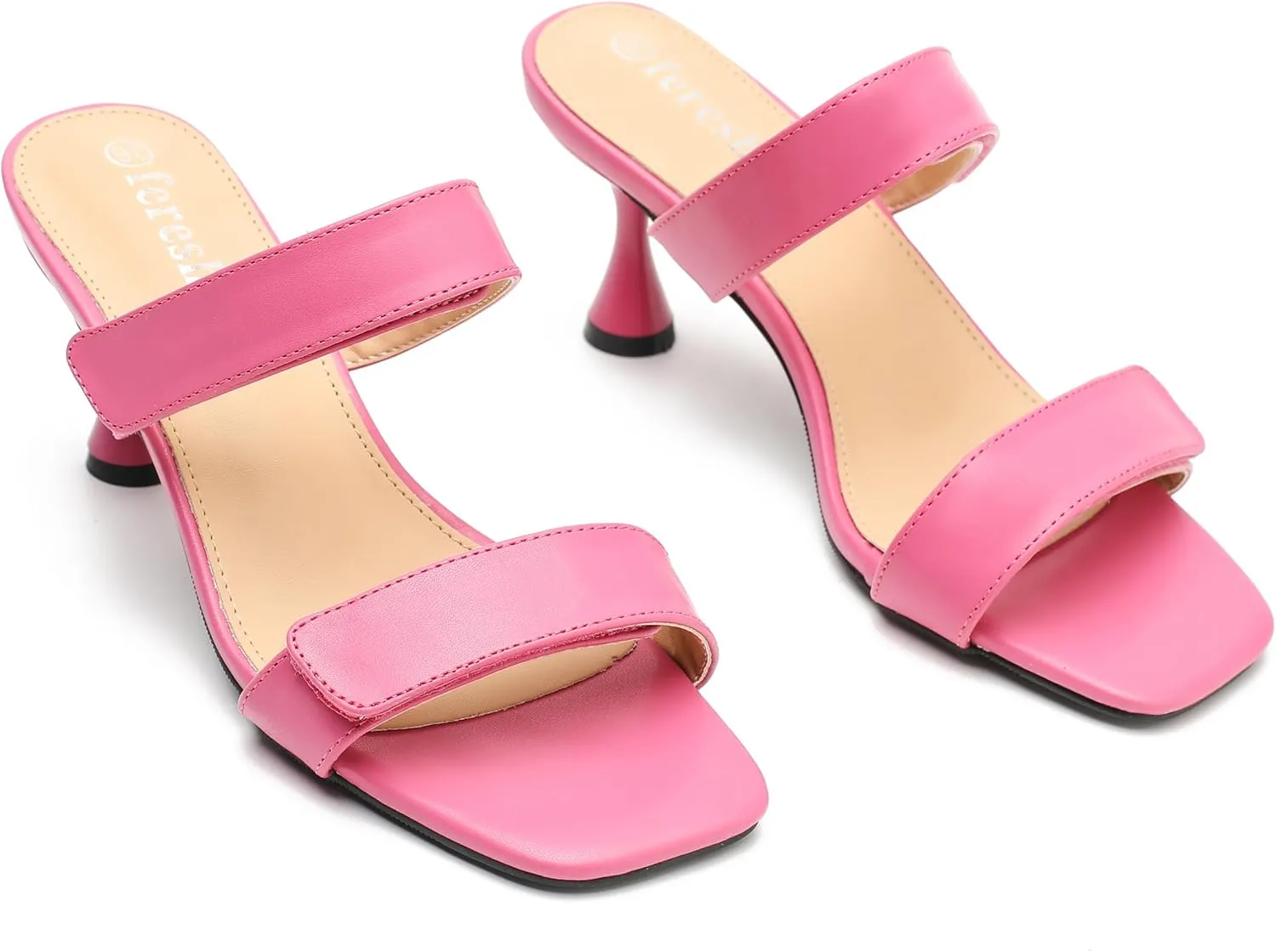 fereshte Womens 2 Strap Slip On Heeled Sandals Slip On Sandals Square Toe Kitten Heeled Mules