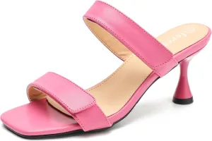 fereshte Womens 2 Strap Slip On Heeled Sandals Slip On Sandals Square Toe Kitten Heeled Mules