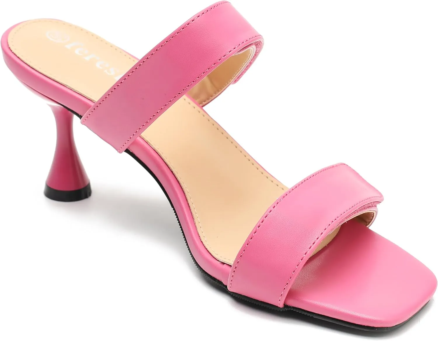 fereshte Womens 2 Strap Slip On Heeled Sandals Slip On Sandals Square Toe Kitten Heeled Mules